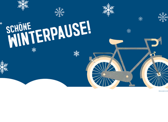 Eine Grafik von einem Fahrrad im Schnee mit Schneeflocken im Hintergrund und dem Schriftzug "Schöne Winterpause!"
