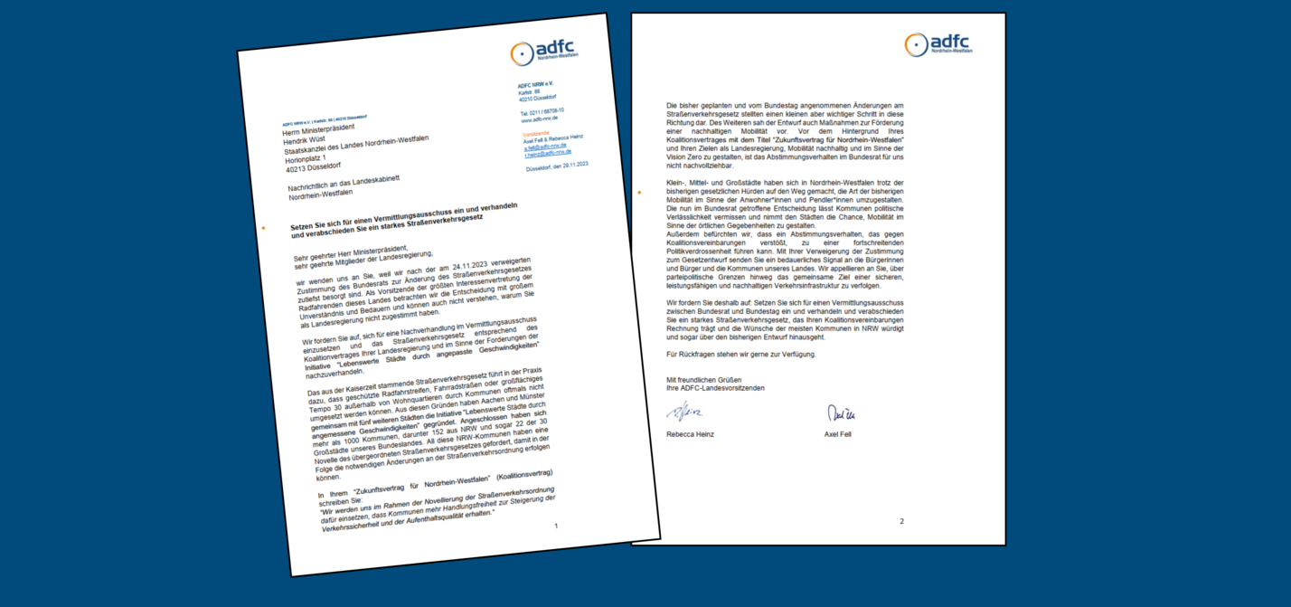 Titelbild offener Brief offener Brief: Setzen Sie sich für einen Vermittlungsausschuss ein und verhandeln und verabschieden Sie ein starkes Straßenverkehrsgesetz.